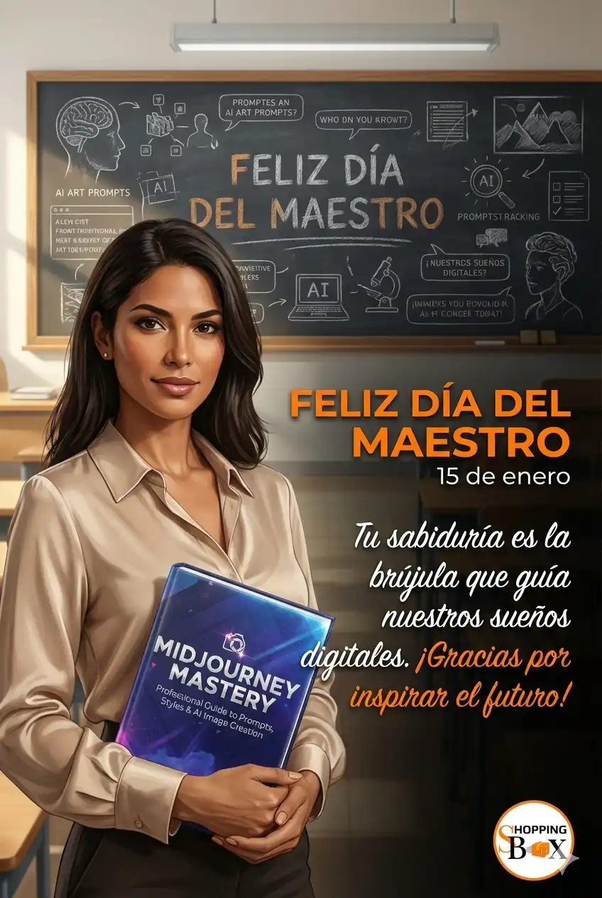 Ilustración hiperrealista de una elegante maestra venezolana de rasgos latinos en un aula escolar. Viste una camisa beige y sostiene un libro profesional titulado "Midjourney Mastery". Al fondo, un pizarrón con dibujos educativos y un texto que dice "FELIZ DÍA DEL MAESTRO, 15 de enero", junto a un mensaje poético sobre la sabiduría y el futuro. El diseño incluye los colores institucionales naranja y negro, con el logo de Shopping Box PTY en la esquina inferior.