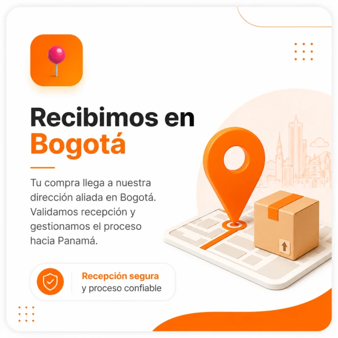 Mapa con caja de envío y pin de ubicación representando la recepción de paquetes en Bogotá para envío a Panamá con Shopping Box.