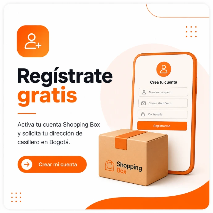 Teléfono con formulario de registro y caja de envío representando la creación de cuenta gratuita en Shopping Box para obtener casillero en Bogotá.