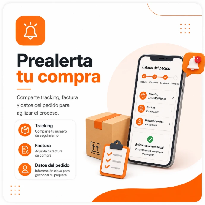 Teléfono con seguimiento de paquete y caja de envío representando la prealerta de compras con tracking, factura y datos del pedido.