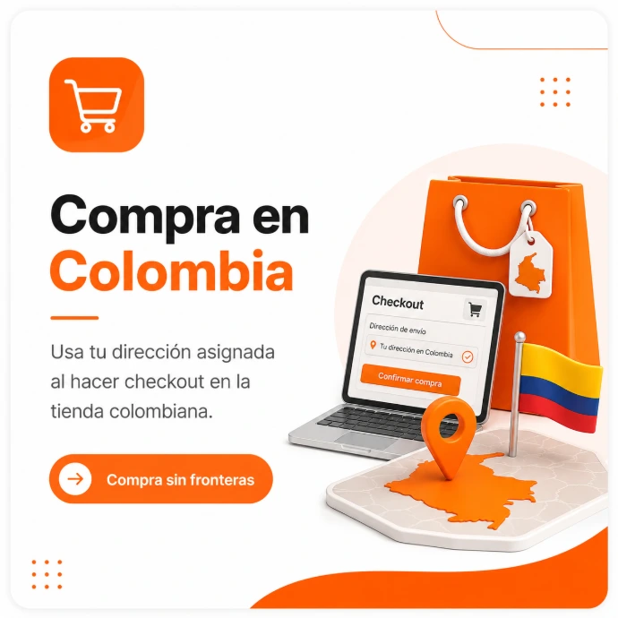 Bolsa de compras y laptop con checkout mostrando compras en Colombia usando dirección de casillero para envío a Panamá con Shopping Box.
