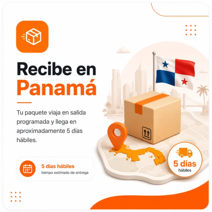 Caja de envío y mapa de Panamá con pin de ubicación representando la entrega de paquetes en Panamá en aproximadamente cinco días hábiles solo con Shopping Box.