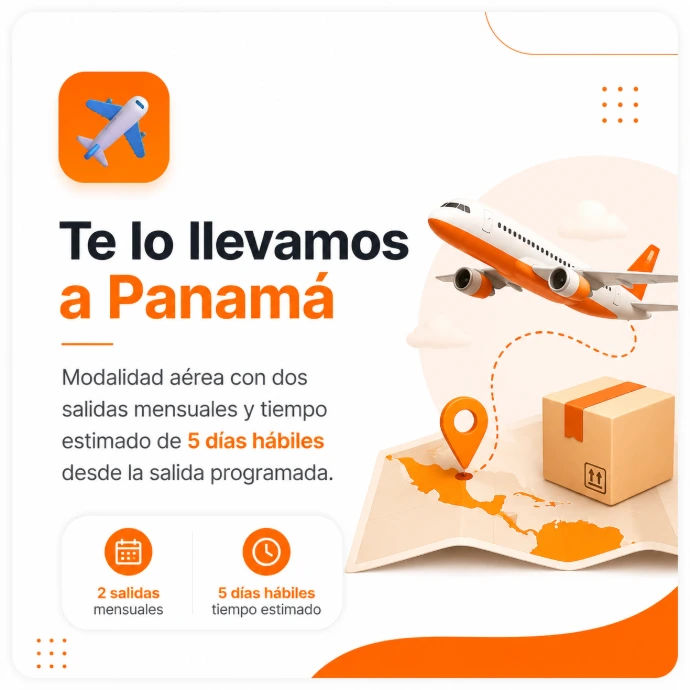 Avión y paquete sobre mapa señalando Panamá, representando envíos aéreos desde Bogotá con dos salidas mensuales Con Shopping Box.