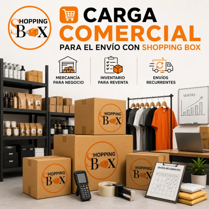 Anuncio publicitario con el logo de shopping box para promover los envíos a Venezuela de Carga Comercial, imagen muestra varias cajas de Shopping Box y Mercancía para negocio, inventario para reventa y envíos recurrentes.
