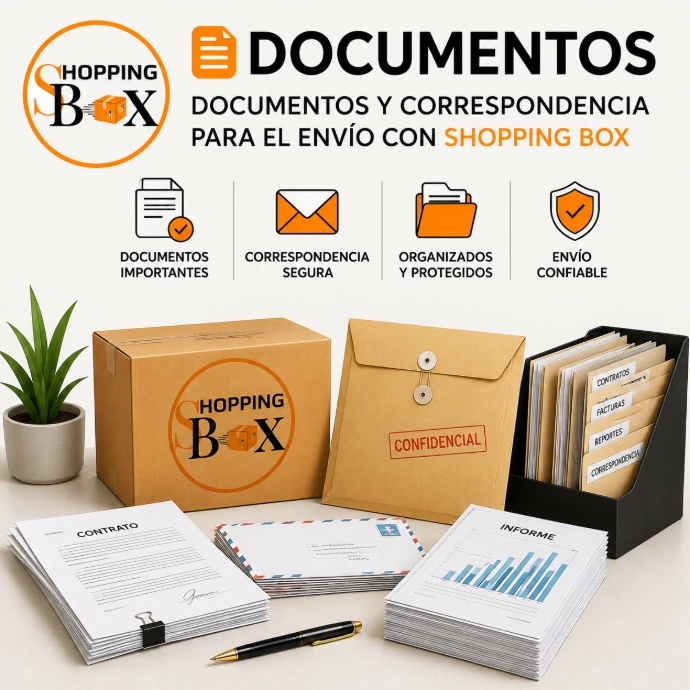 Anuncio que contiene el logo de Shopping Box para promoveer el envío a Venezuela de documentos, imagen que contiene caja, sobre y documentos