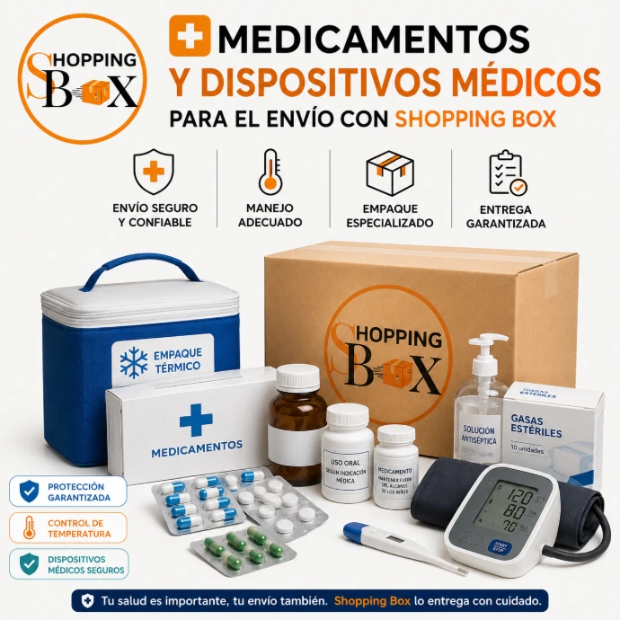 Anuncio que contiene el logo de Shopping Box para promoveer el envío a Venezuela de Medicamentos y disposítivos médicos  y Medicamentos, materiales, aparatos y equipos médicos a tarifa especial., imagen con una caja de Shopping Box