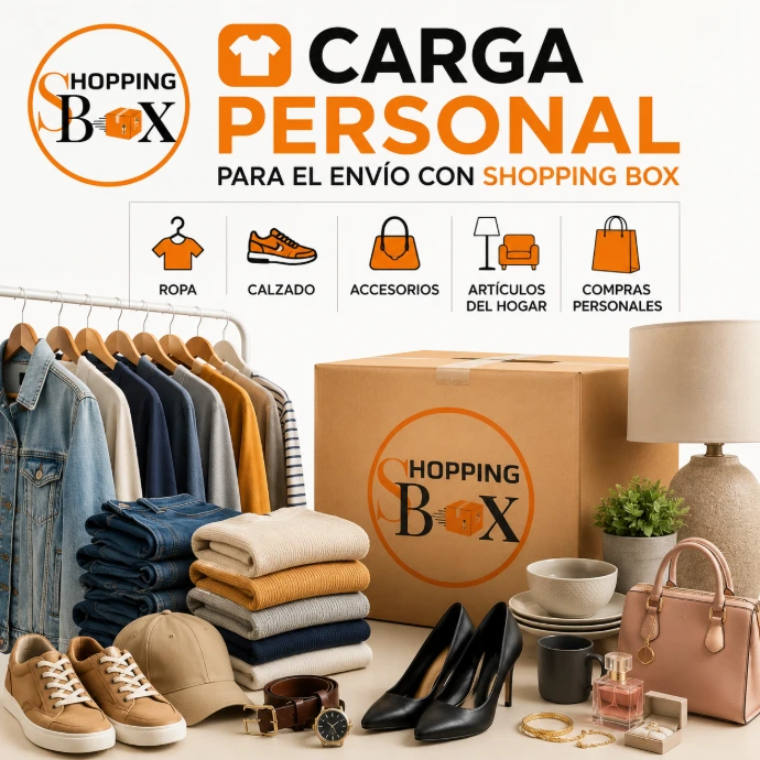 Anuncio publicitario que contiene una caja de Shopping Box, Ropa, calzado, accesorios, artículos del hogar y compras personales.