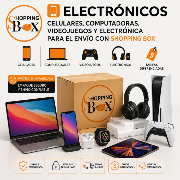 Anuncio que contiene el logo de Shopping Box para promoveer el envío a Venezuela de Electrónicos, imagen que contiene una caja de Shopping Box y Celulares, computadoras, videojuegos con tarifas diferenciadas.