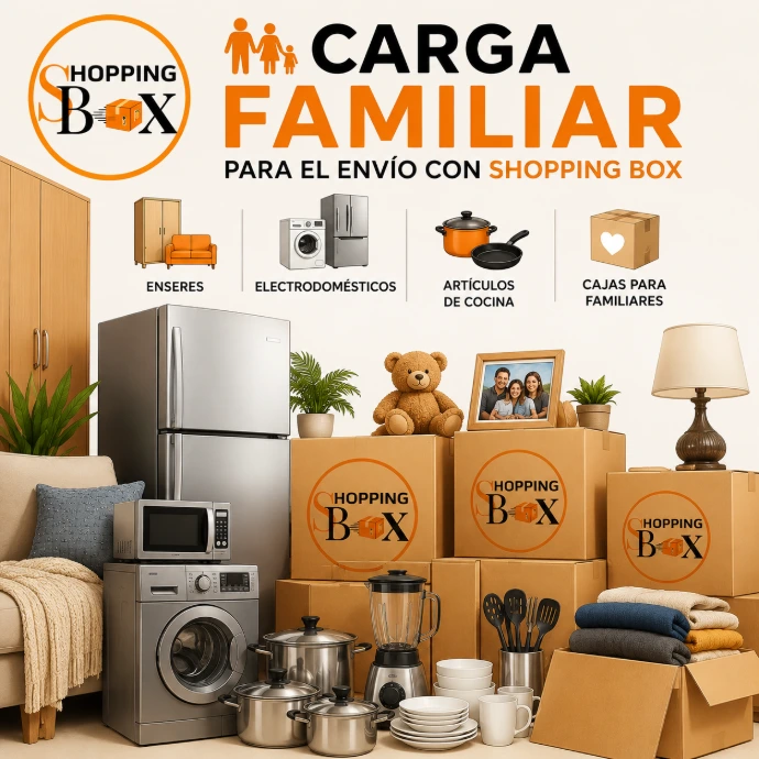 Anuncio de shopping box para envíos a Venezuela de Carga Familiar, anuncio que contiene el logo de shopping box e imagenes de su caja y Enseres, electrodomésticos, artículos de cocina y cajas para familiares.